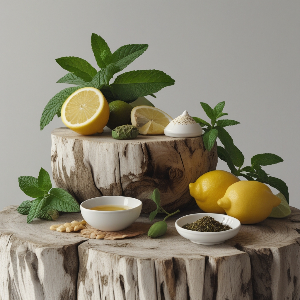 Deretan bahan alami segar di atas meja kayu: irisan jahe, kunyit, daun mint, lemon potong, biji-bijian dan kacang-kacangan dalam mangkuk kecil dari keramik putih