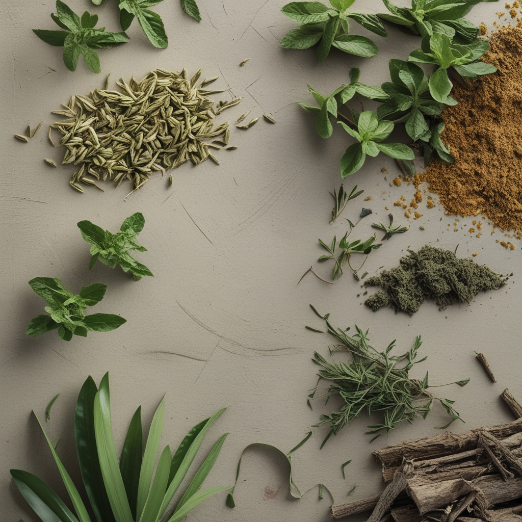 Berbagai tanaman herba dan rempah-rempah kering diatur dalam barisan: biji fenugreek keemasan, serbuk maca berwarna krem, buah saw palmetto kering, dan biji hitam dalam sendok kayu di atas talenan bambu